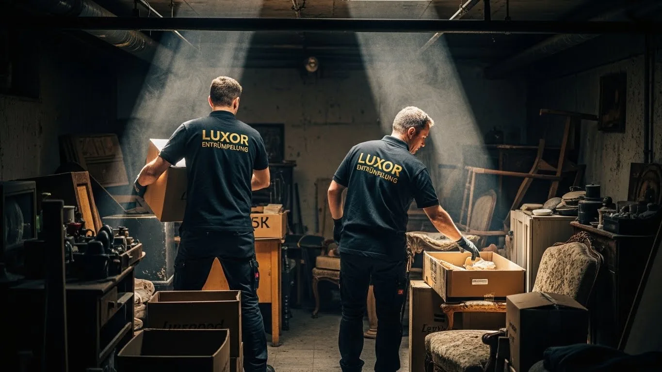 "Entrümpelungsteam räumt einen vollgestellten Keller im Rahmen der Kellerentrümpelung aus."