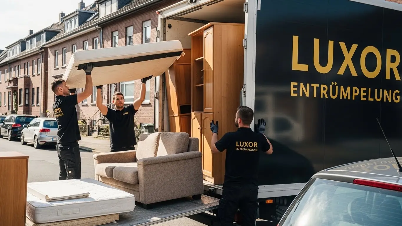 "Luxor Entrümpelung lädt Sperrmüll in ein Transportfahrzeug für den Abtransport."