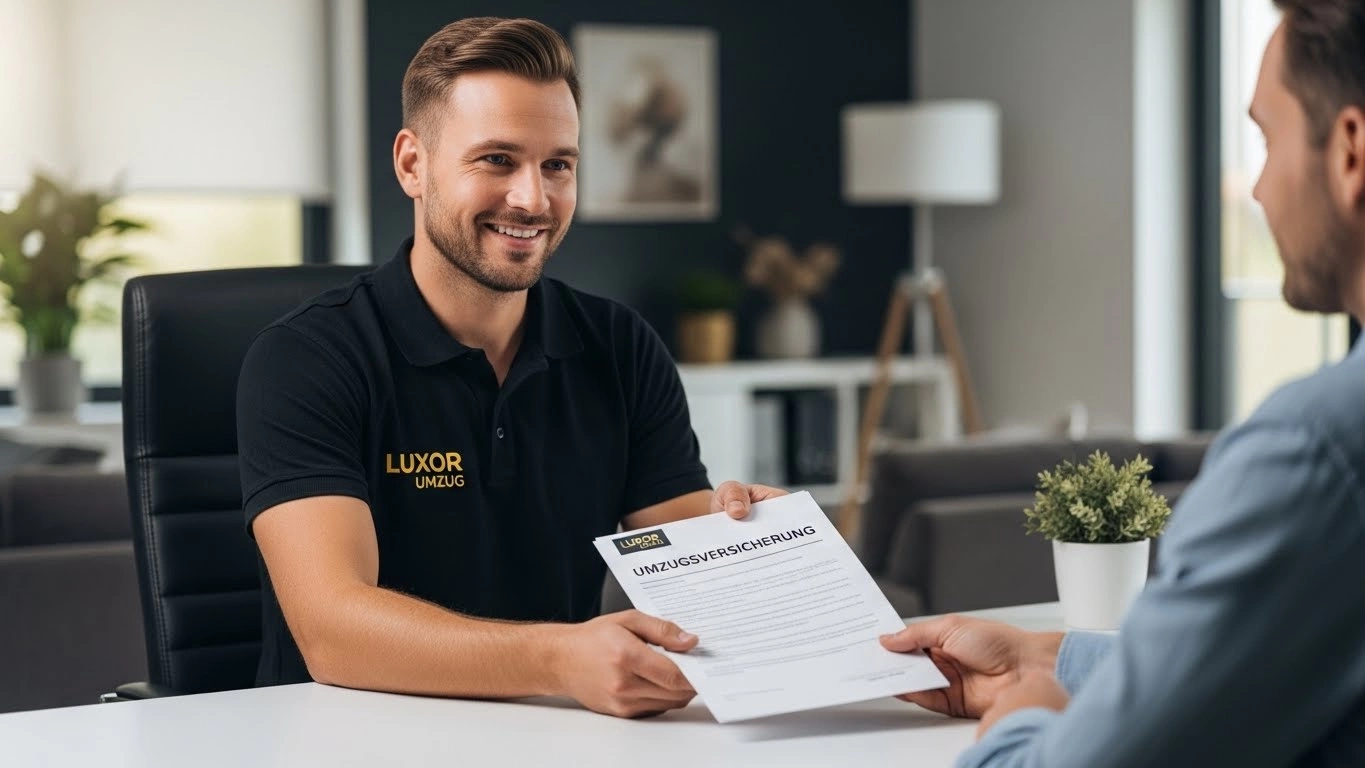 Umzugsberater erklärt die Umzugsversicherung von Luxor Umzug und übergibt ein Versicherungsdokument