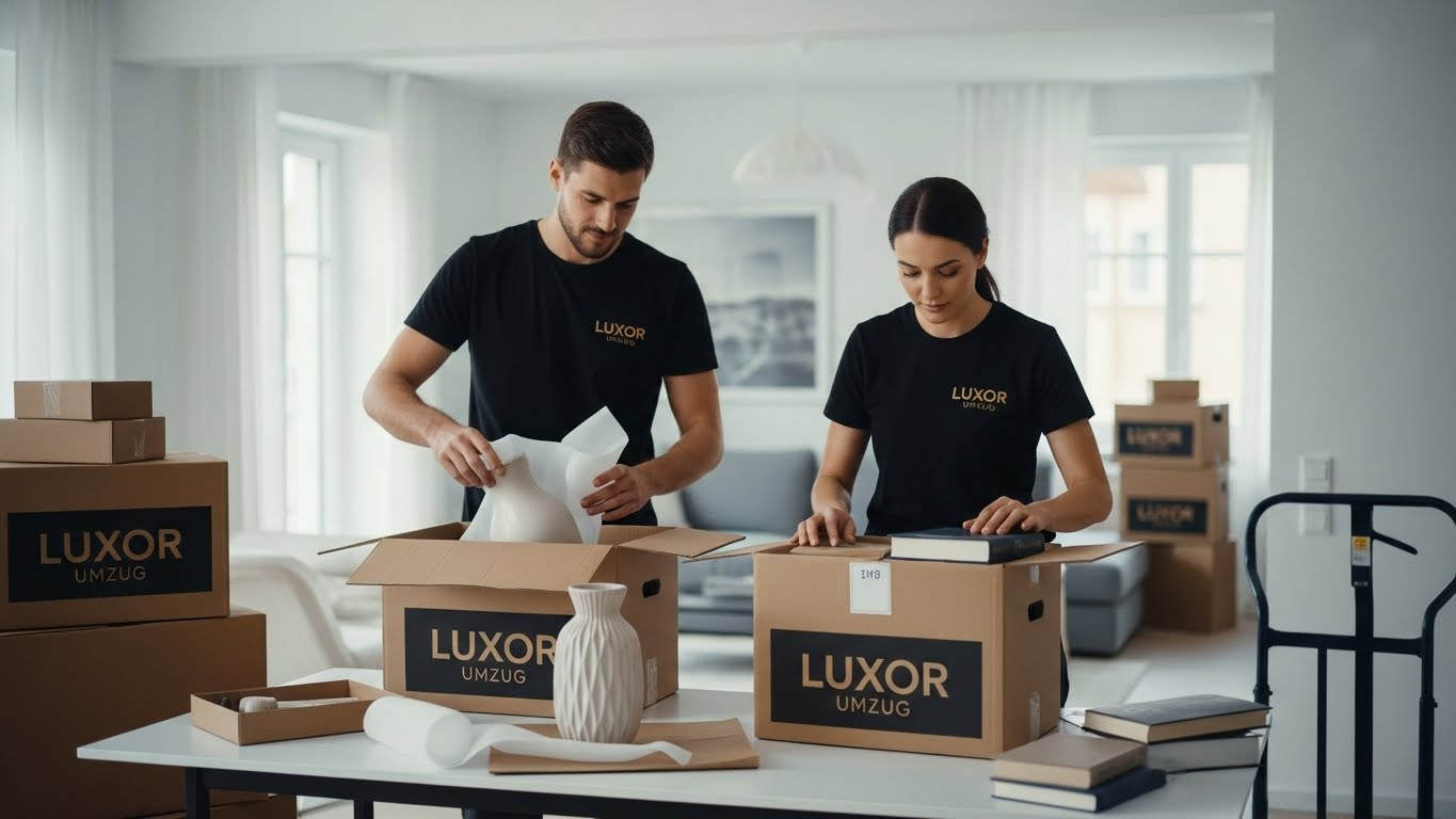 Professionelle Umzugshelfer packen Umzugskartons für den Verpackungsservice von Luxor Umzug